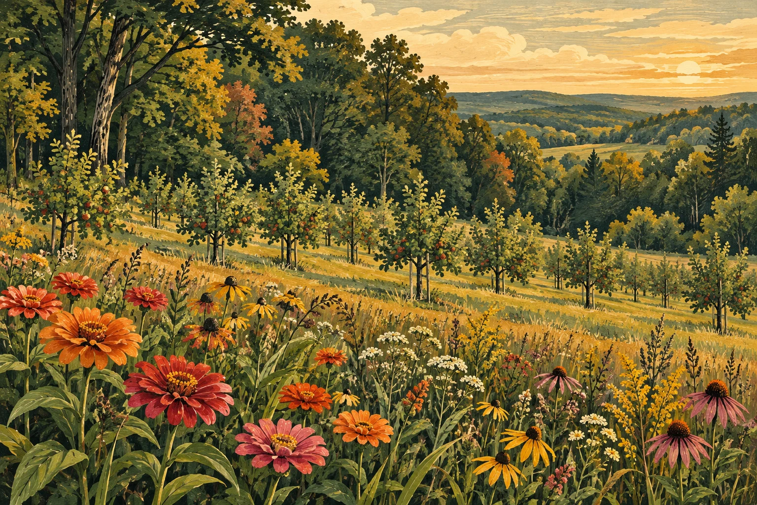 Illustrated young orchard at the edge of a Wisconsin woodland, with colorful flowers in the foreground
